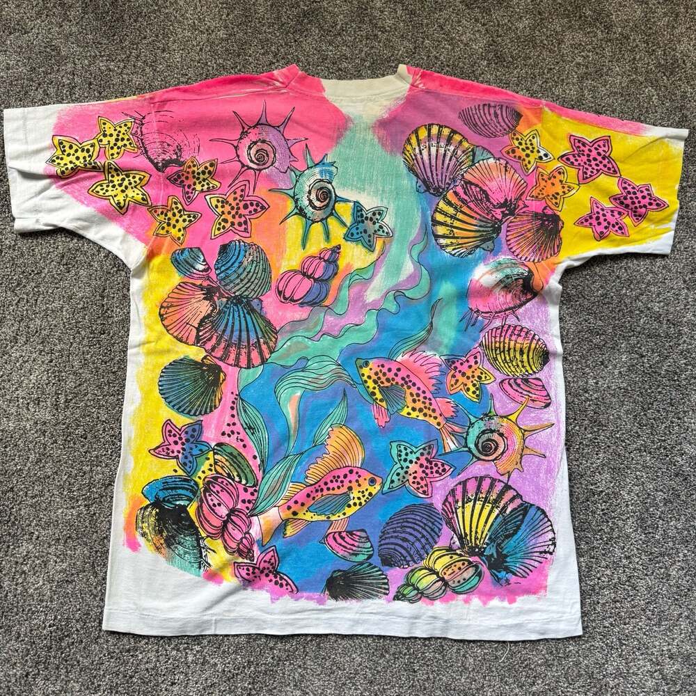 Vintage 90s Marine Life All Over Print T Shirt XL Made USA Single Stitch Fish Sh - Picture 4 of 6